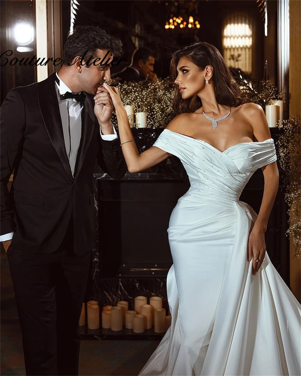 

Mermaid Wedding Dresses Elegant Bride Dress Beaded Ceremony Gown Off The Shoulder Robe de soiree de marige