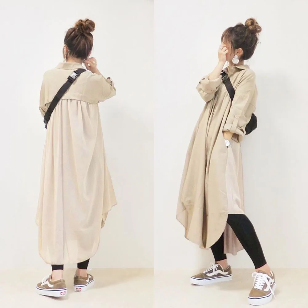 

Casual Women Autumn Shirt Dress Japan Korea Young Fashion Asymmetrical Splicing Button Lapel Long Sleeve Simple Office Loose