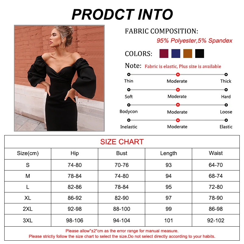 

Women Sexy Bodycon Dress Pure V Neck Off Shoulder Lantern Sleeve Dress Party Night Elegant Midi Dress Mujer Black Dress