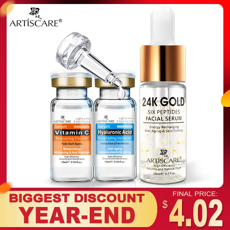 ARTISCARE 24K Gold шесть сыворотка с пептидами+ витамин С Сыворотка+ Гиалуроновая кислота Сыворотка против старения увлажняющая отбеливание ярче сыворотка