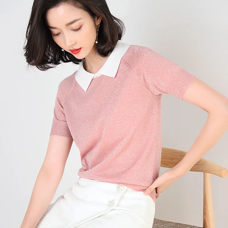 

2020 Summer New Style Simple Solid Color Fold-down Collar Men's Sweaters Women's Liangsi Short Sleeved T-shirt Knitted Polo Shir
