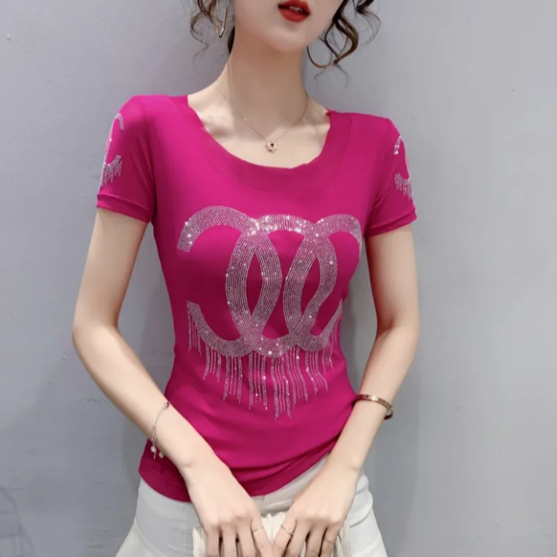#7102Summer Short Sleeve T Shirt Diamonds Women O-Neck Casual Basice Femme Sexy Slim Mesh T-shirt Female Black White Red | Женская