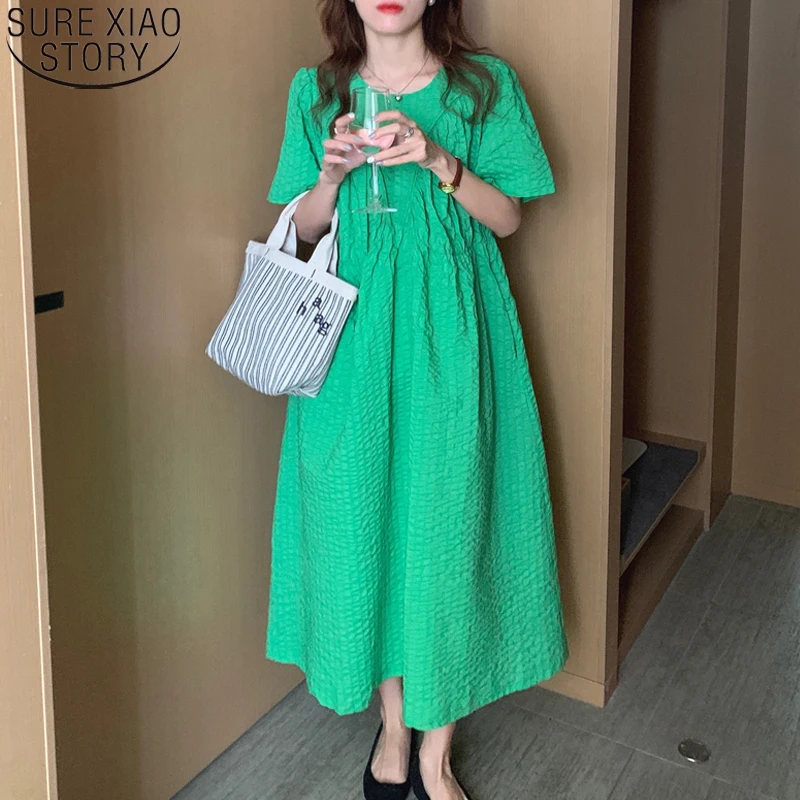Женский сарафан средней длины повседневное свободное зеленое платье с пышными