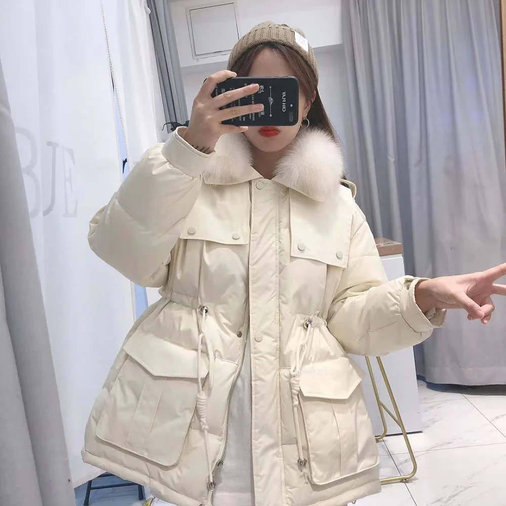 

Korean Real Fox Fur Collar 90% White Duck Down Coat Winter Women Fashion New Thicken Warm Feather Clothing Female Parka Overcoat