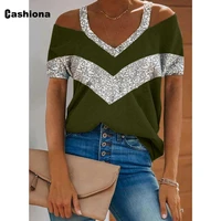 plus size women basic tops hollow out short sleeve v neck patchwork sequined t shirt ladies 2021 summer casual tees shirt femme