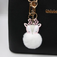 2021 cute christmas deer fluffy pom pom bag cars keychain pendant gifts ladies girls accessories mink fur hairball keychain