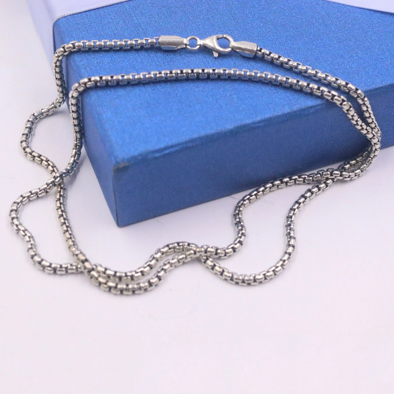Твердое 925 пробы Серебряное ожерелье 2 5 мм круглая коробка звено цепи 24