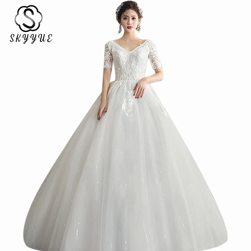 

Wedding Dresses V-neck Skyyue ER717 Shining Short Sleeve Vestidos De Novia Embroidery Lace Wedding Dress Tail Bridal Dresses