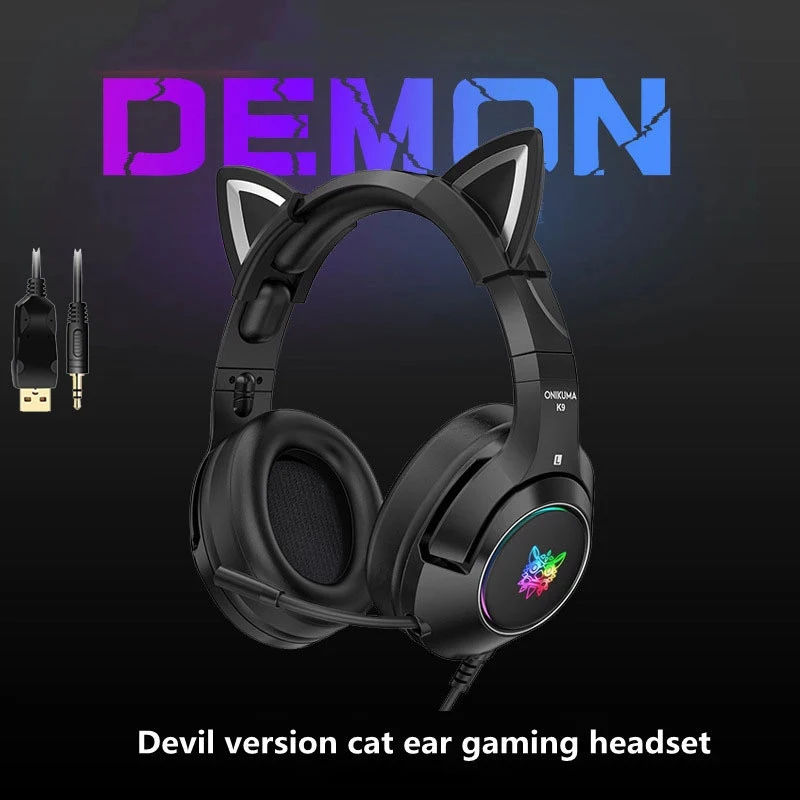 

Новые игровые наушники K9 Black Demon Version с кошачьими ушками и микрофоном, светящиеся разноцветные эргономичные компьютерные наушники с шумопод...
