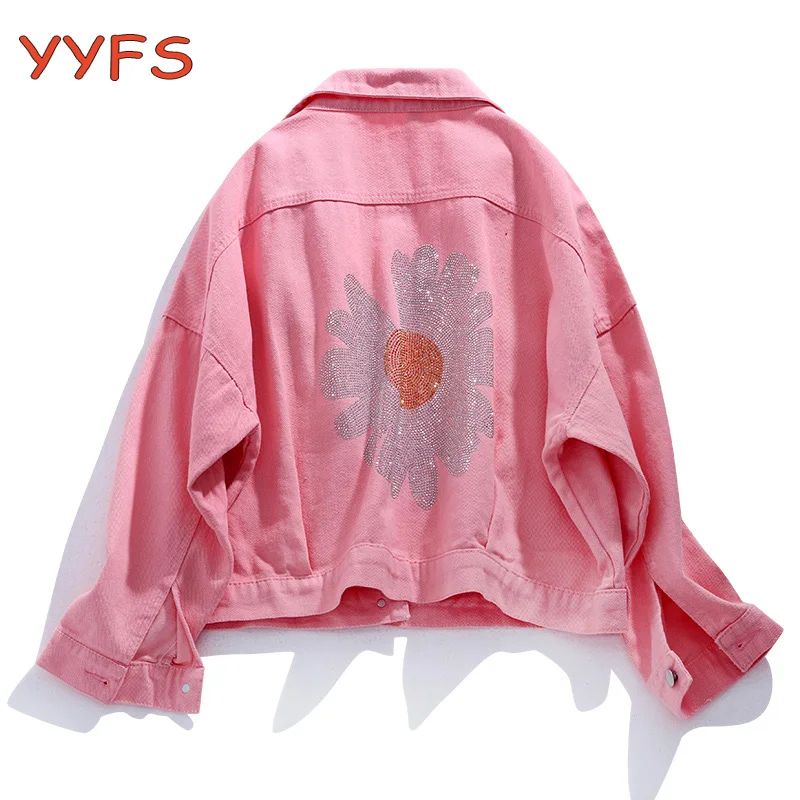 Женская джинсовая куртка YYFS с вышивкой маргаритки длинным рукавом со стразами