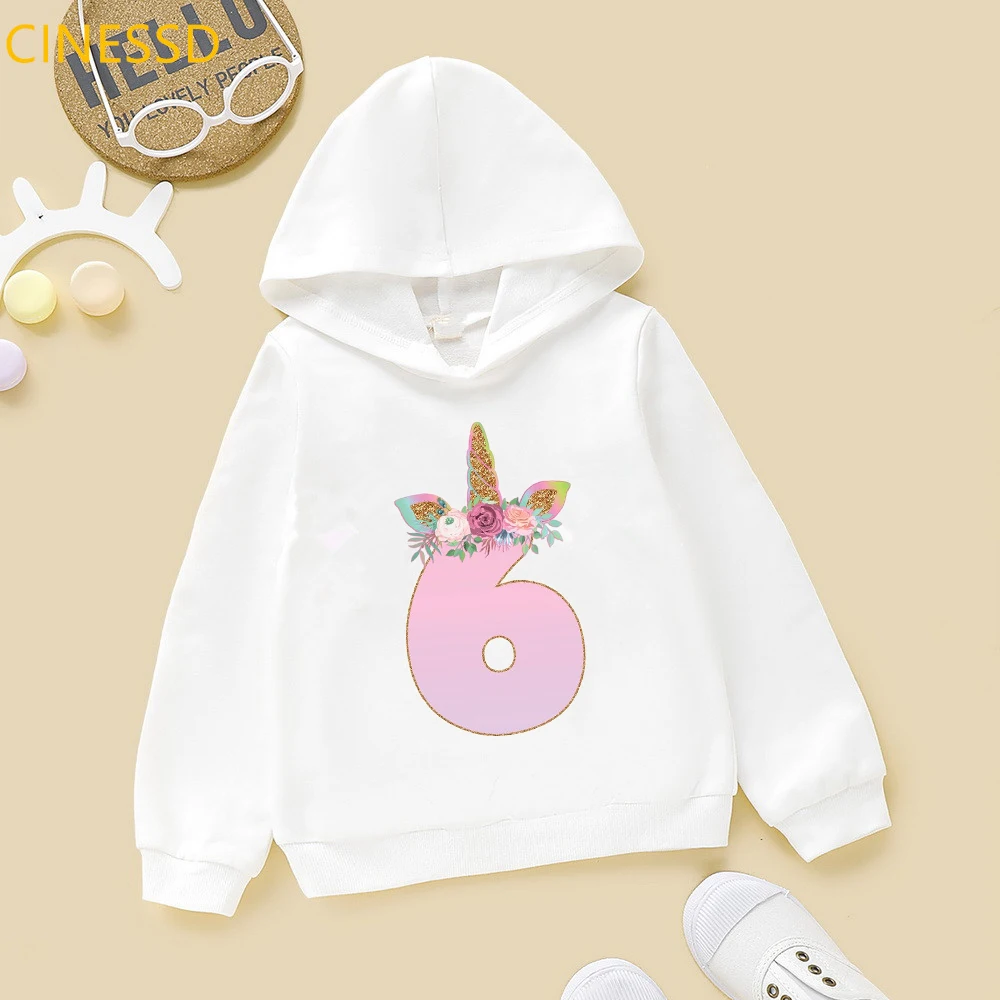 

Children Birthday Gift Number 3&6 Floral Unicorn Print Baby Girls Sweatshirt Autumn Winter Clothes Top Kids Plus Velvet