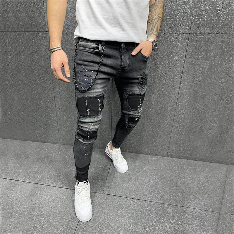 

Jeans Pants Men Elastic Waist Skinny Jeans Men 2021 Stretch Ripped Pants Streetwear Mens