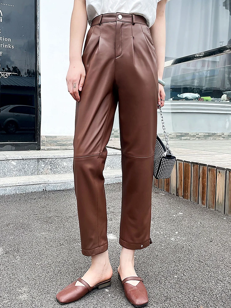 Осень-зима 2021 шикарные женские брюки-карандаш из натуральной кожи с высокой