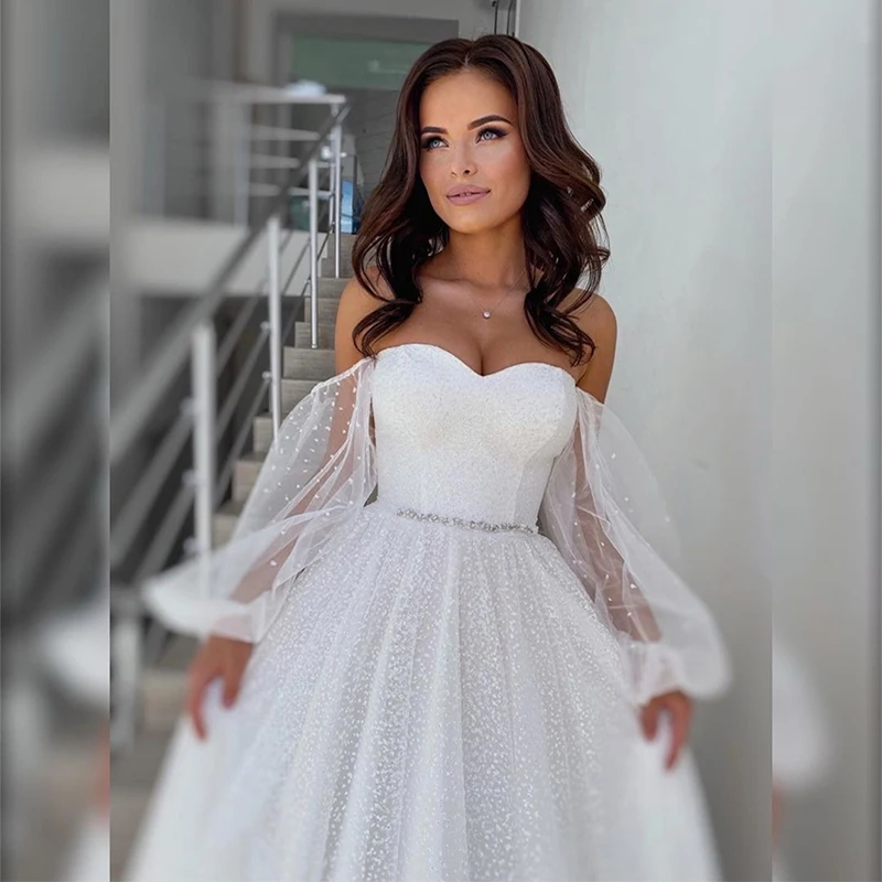 Elegant Wedding Dresses A-Line Sweetheart Puff Sleeves Tulle Snow Net Floor-length Lace Up Sashes Bridal Gowns Vestido De Novia