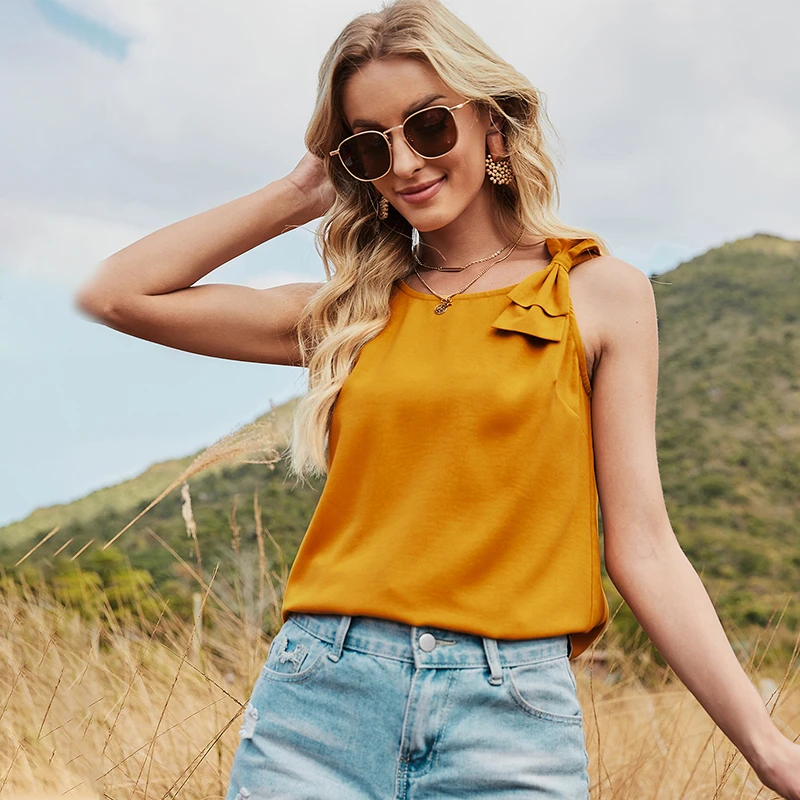 

Vintage Mustard Tie Knot Strap Summer Top for Women Cute Ladies Casual O-neck Polyester Sleeveless Blouse Tank Tops Plus Size