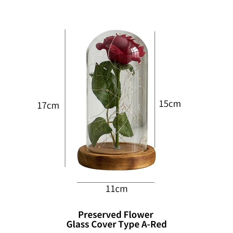 

Eternal Flower Glass Dome Wood Base LED Light Valentine Day Gift Artificial Rose Flower Creative Home Decor Artificial Decor
