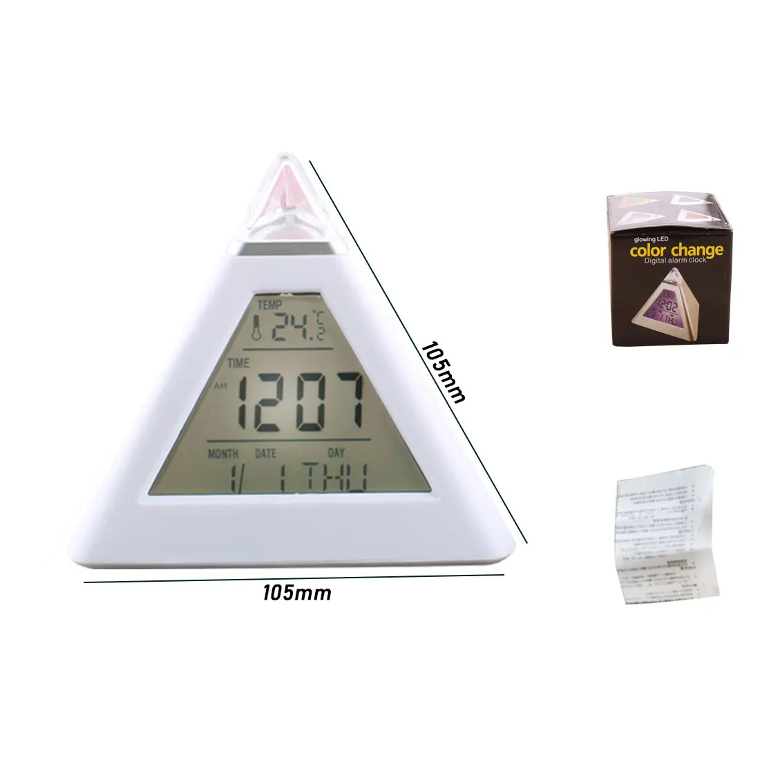 

Digital Alarm Clock Thermometer Backlight Change Clock Perpetual Calendar Colorful Cone Pyramid Style Home Decoration