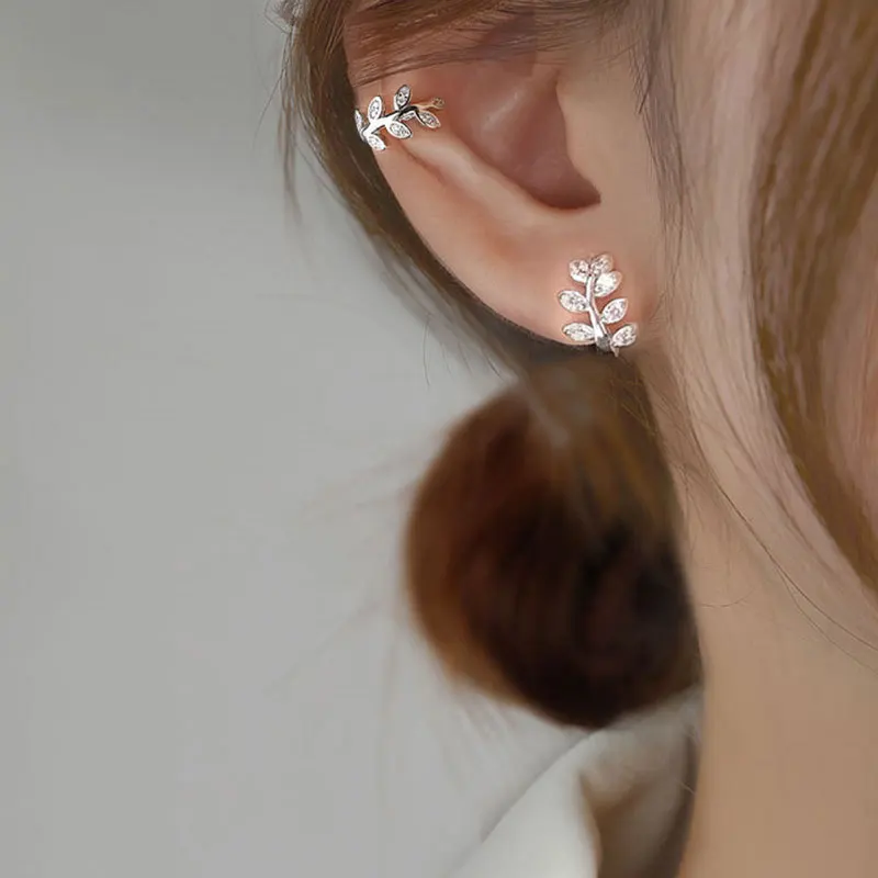 

New Fashion Gold Leaf Clip Earring For Women Without Piercing Puck Rock Vintage Crystal Ear Cuff Girls Jewerly Gifts 1P