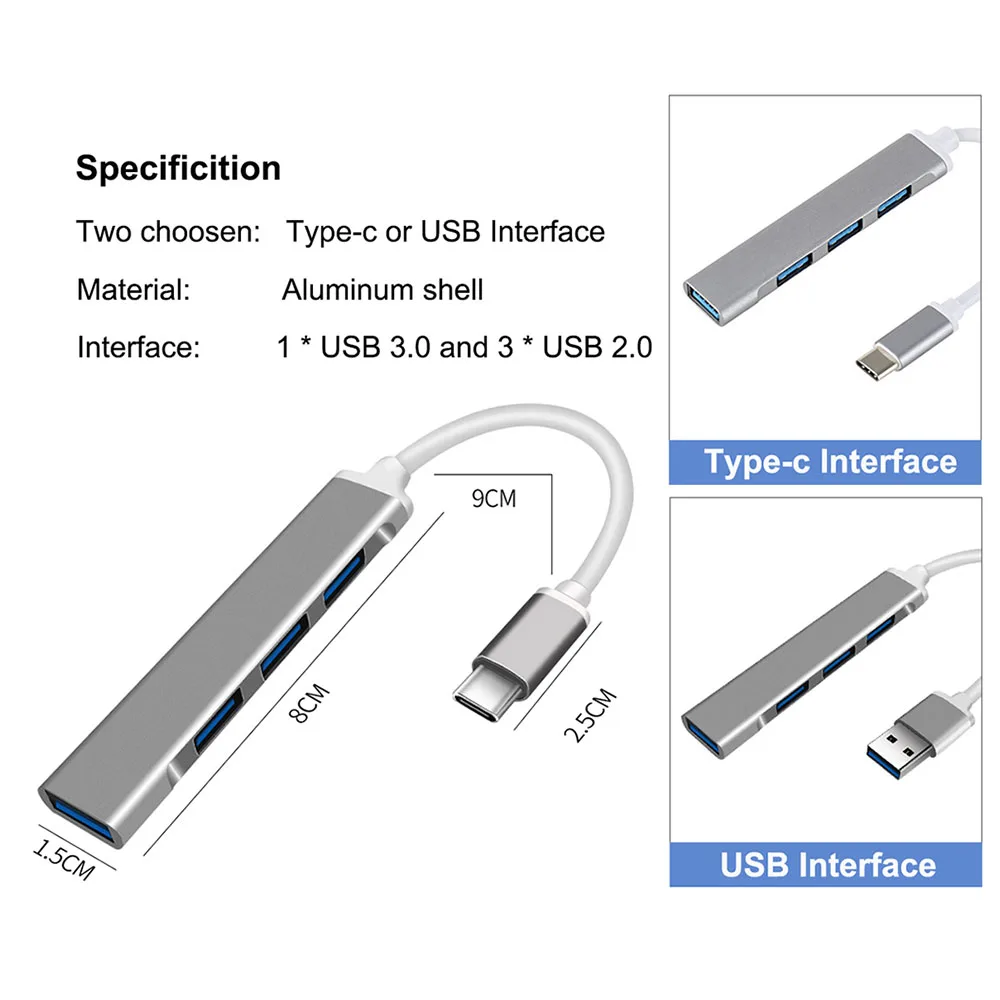 

4 Port USB HUB Mini USB 3.0 Aluminum Alloy Splitter Adapter OTG Expander Type C Multi Splitter for Computer Notebook Accessories