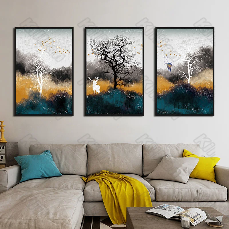 

Abstract Style Tree White Deer Frameles Poster Home Residential Bedroom Decoration Living Room Canvas Painting Print Fresco