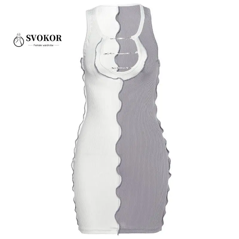 

SVOKOR Hollow Out Patchwork Women Dress Mini Sleeveless Bodycon Dress Sexy Party Dress Package Hip Ruffles