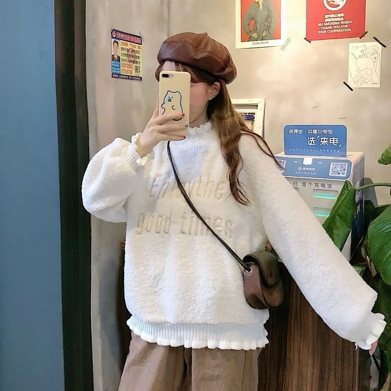 

Women 's Sweater Fashion Loose Student Winter Cashmere Thickened Long Sleeve Top Cashmere Half High Collar 2021 NEW