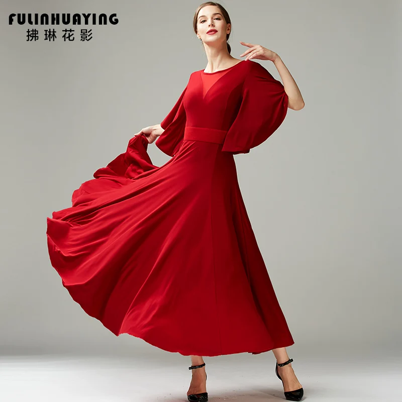 

Dard Red Women Long Elegant Elasic Big Swing Ballroom Dance Dress For Dancing Waltz Dress Tango Dance Costumes Flamenco Dress