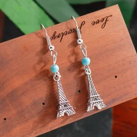 bohemian vintage jewelry drop earrings for women natural turquoise stone beads eiffel tower tibet silver color femme brincos