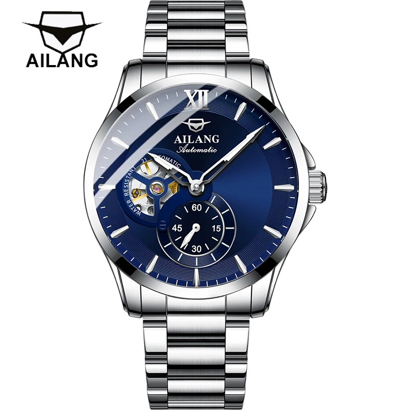 AILANG Hollow Automatic Mechanical Watch Steel Band Luminous Waterproof Men's Watch Luxury Silver Case Blue Surface Sports Watch