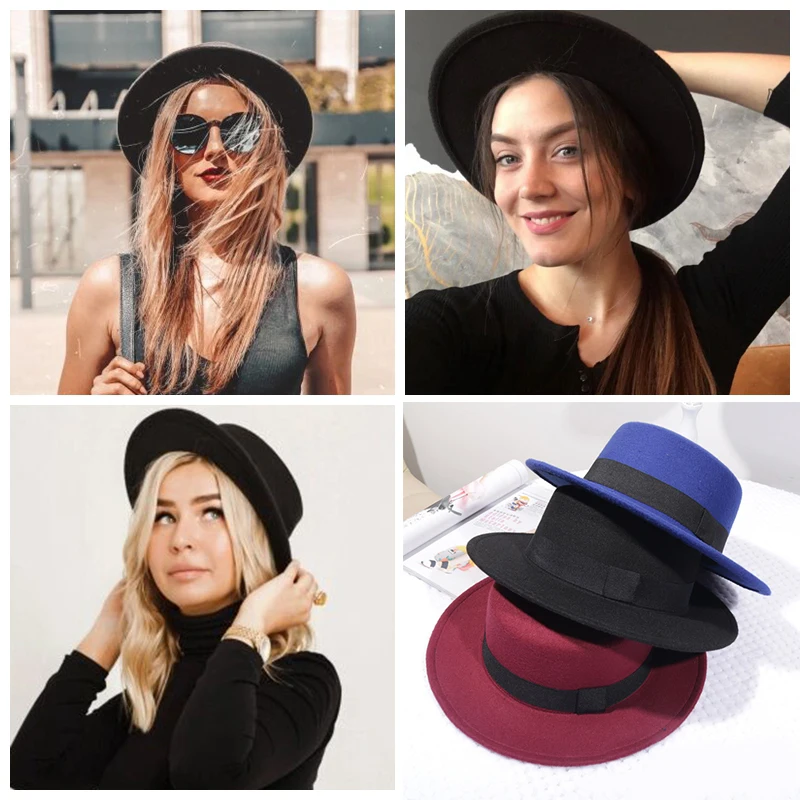 

Woolen Women Hat Classic Solid Color Felt Fedoras Hats Female Lady Wide Brim Flat Top Jazz Cap Bucket Hat Winter Spring Summer