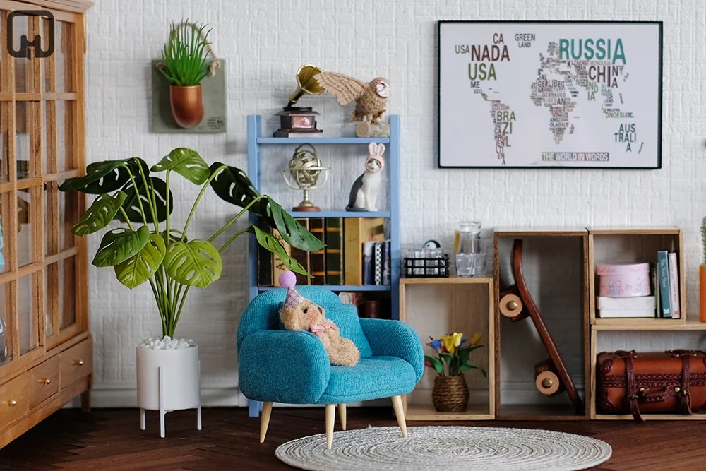 1:12 dollhouse miniature kids furniture toy DIY mini model big mural accessories map pattern living room dollhouse kit Roombox