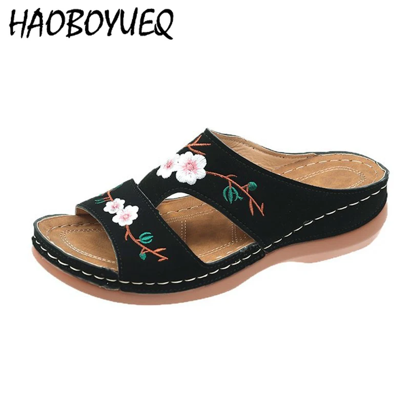 

Women Sandals Embroider Soft Open Toe Flock Beach Shoes Summer Outdoor Comfort Slippers Sandalias Mujer