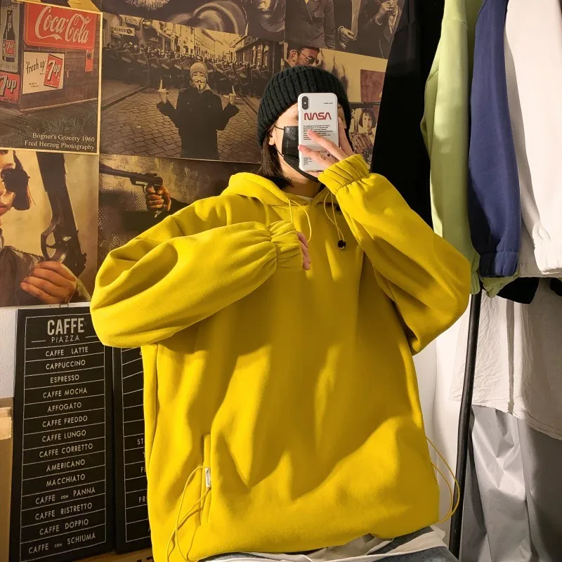 

2019 Autumn And Winter New Loose Plus Velvet Thickening Hooded Sweatshirt Fashion Casual Solid Color Pullover Seven Color M-2XL