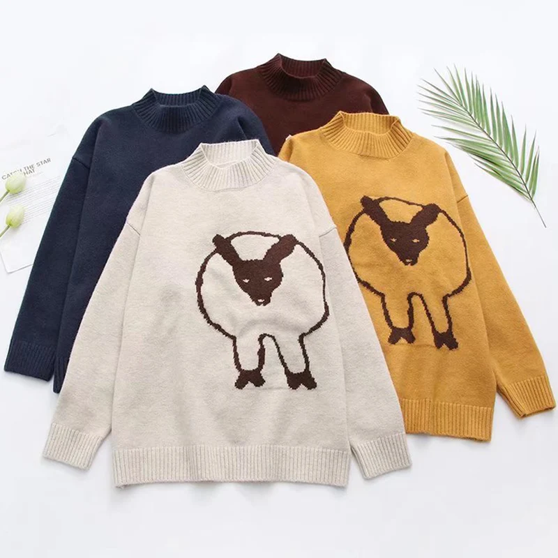 

Autumn Winter Cartoon Lamb Jacquard Sweater Women Clothing Casual Sweet Round Collar Female Vestido Pullovers Mori Girl U223