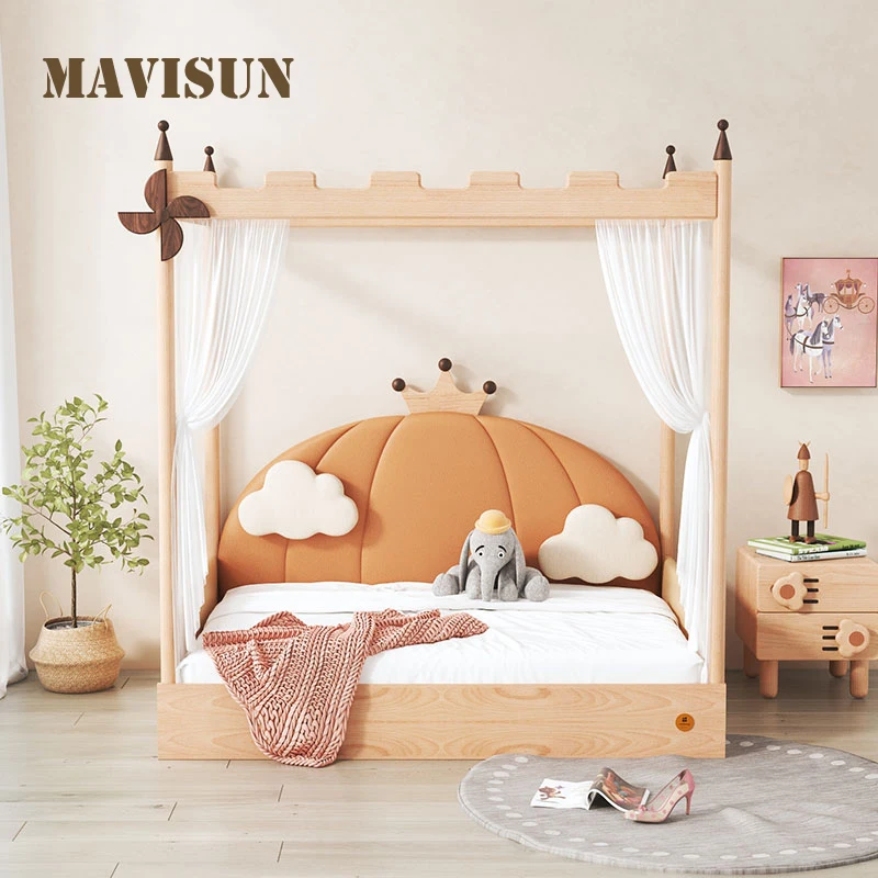 

Выдвижная кровать с изображением тыквы, замка, дерева, детская кровать из массива дерева, простроченная кровать принцессы для девочек, Выдв...