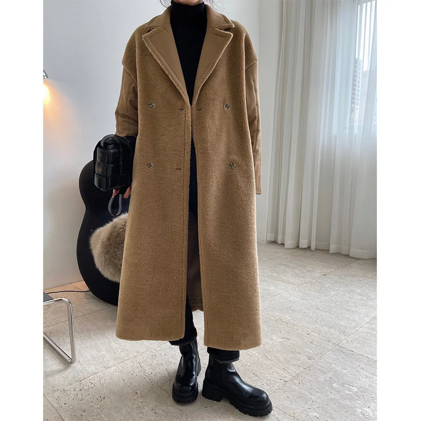 

Winter new fashionable design sense splicing lamb wool long coat leisure loose thin coat women
