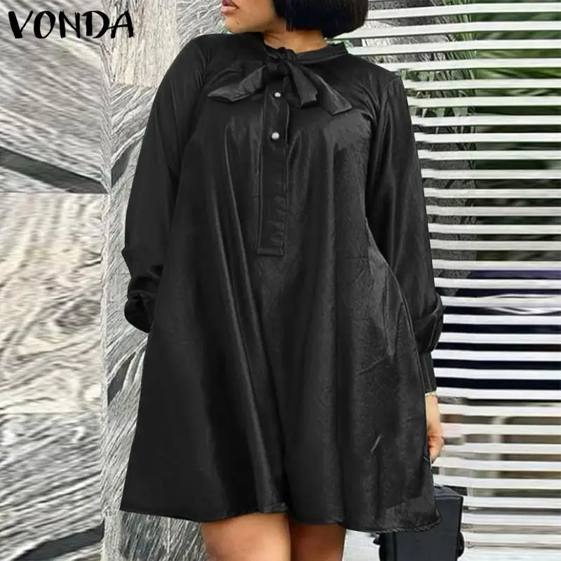 

Mini Dress 2021 VONDA Women Long Sleeve Solid Color Satin Dress Bohemian Vestidos Femme Loose Beach Sundress 5XL Plus Size
