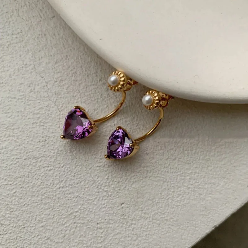 

Morivovog Sterling 925 Silver Purple Heart Zircon Pearl Stud Earrings for Women Sweet Temperament Earrings 925 Statement Jewelry