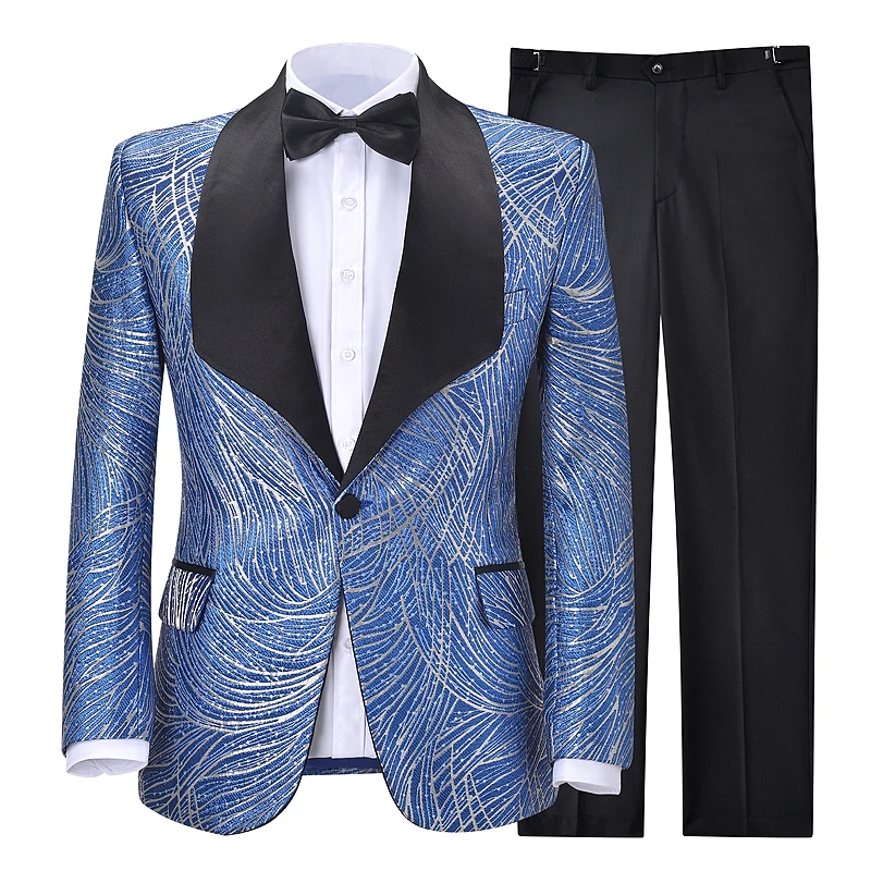 2020 Men Suits 2 Pieces Blue Shiny Suits Fashion Shawl Lapel printed Tuxedos Groomsmen For Party (Blazer+Pants)