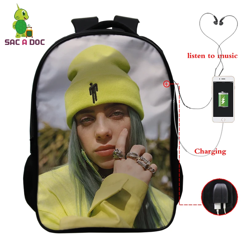 Розовый Billie Eilish рюкзак, школьные сумки, 16 дюймов, Детские рюкзаки, детский рюкзак для девочек, рюкзак для путешествий, рюкзак с USB зарядкой - Цвет: Розовый