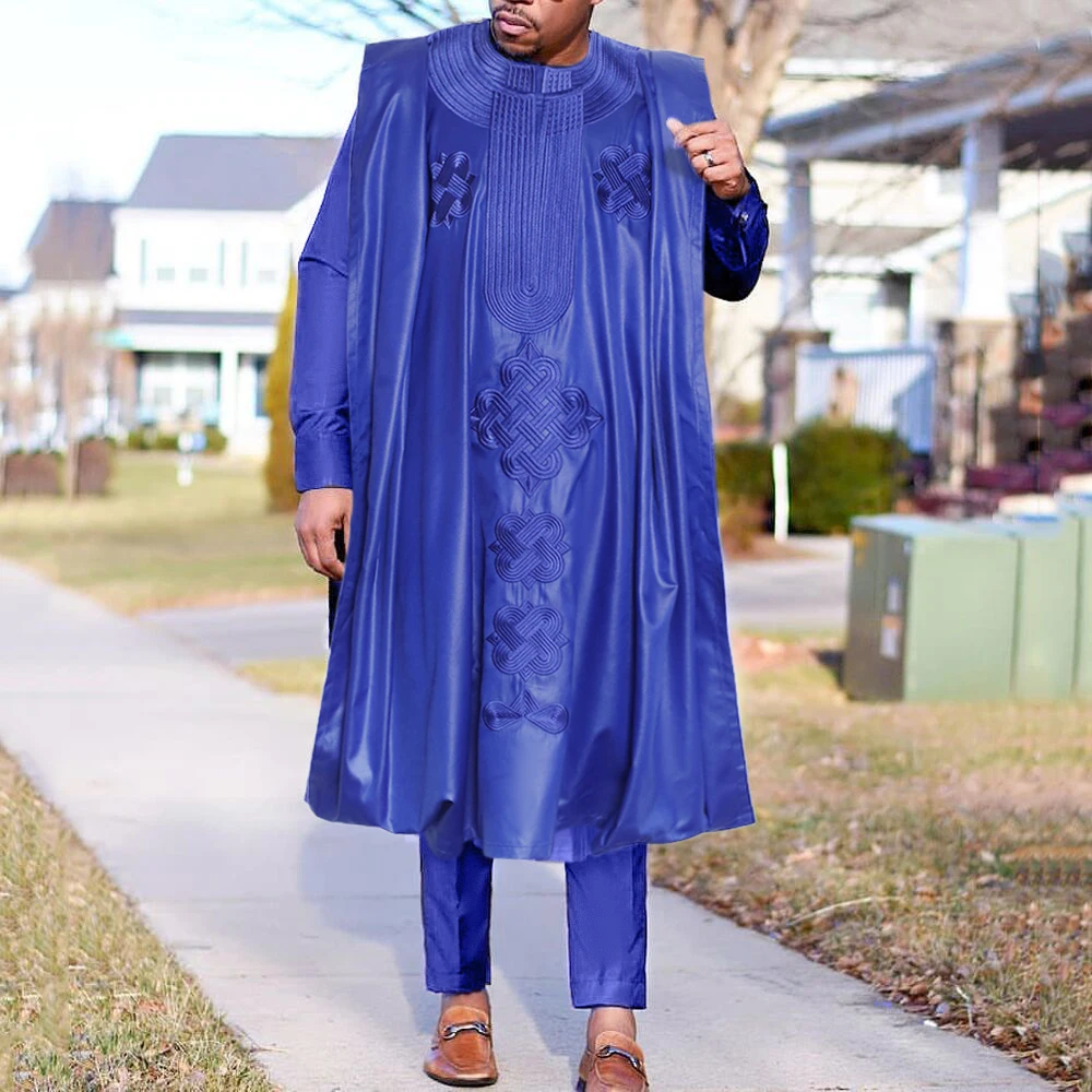 

H&D African Men Agbada Embroidery Dashiki Plus Size Boubou Shirt Pants Suit 3 Piece Set Mens Clothes Party Meeting Formal Attire