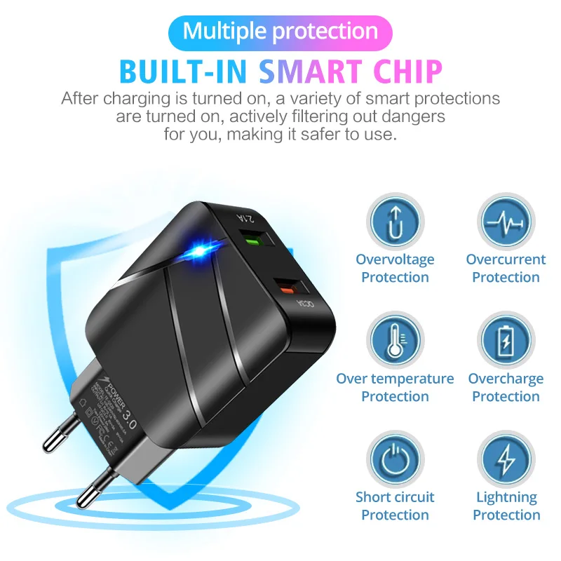 Быстрое зарядное устройство ANKNDO QC 3 0 Европейское настенное с 2 портами 5 В А а USB