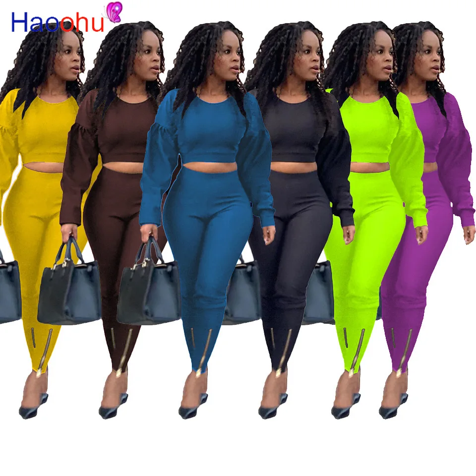 

HAOOHU Bandage Solid Workout Two Piece Sets Women 2021 Flare Sleeve Hooded Crop Top and Skinny Pant Streetwear Casual Outfits