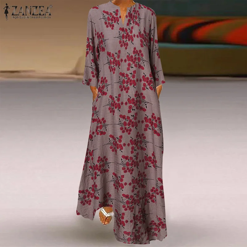 

Bohemian Autumn Women Dress ZANZEA V Neck Long Sleeve Floral Printed Maxi Sundress Vintage Party Vestidos Loose Robe Oversized