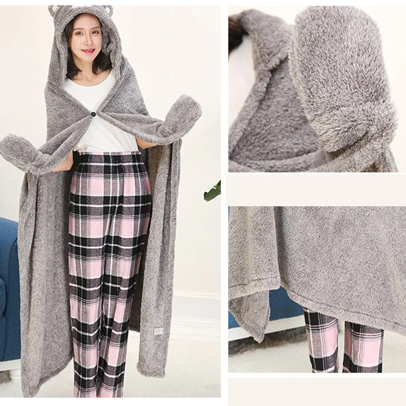 Женские теплые одеяла коралловые бархатные шали с капюшоном ленивый