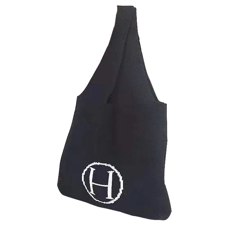 

New fashion women's color matching H letter bag women's shopping handbag knitting wool bag Korean simple leisure bag