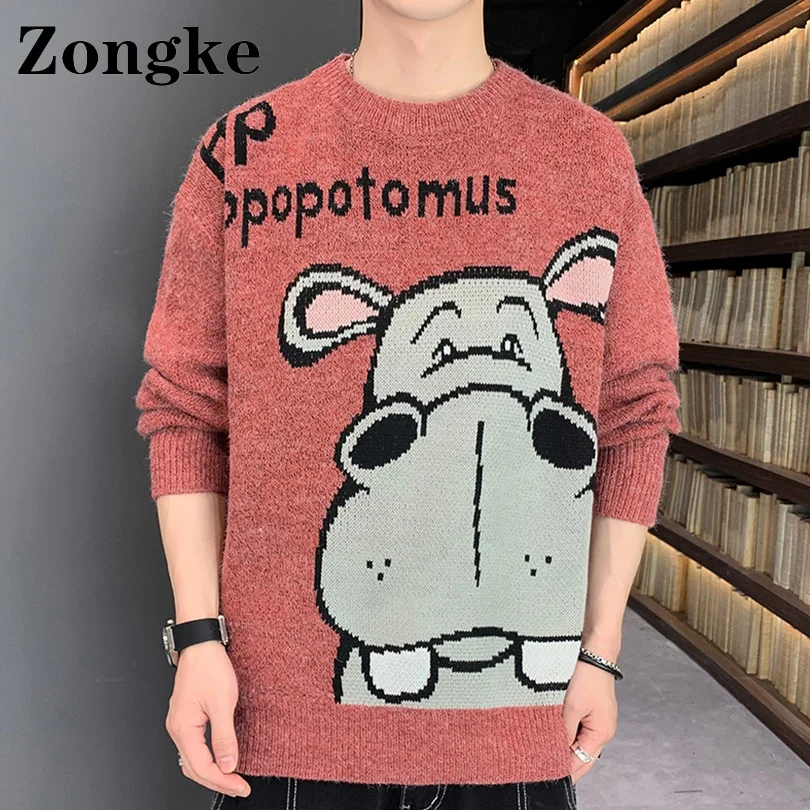 

Свитер Zongke с мультяшным гиппопопотамом, Мужская одежда, уличная одежда, корейская мода, мужской свитер в стиле Харадзюку 3XL, зима 2021, новое по...