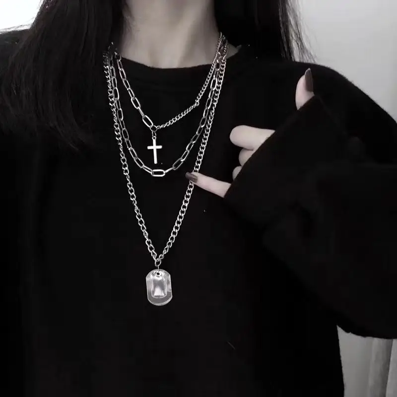 

2021 New Personality Cross Square Metal Multilayer Hip Hop Long Chain Cool Simple Necklace For Women Men Jewelry Gifts