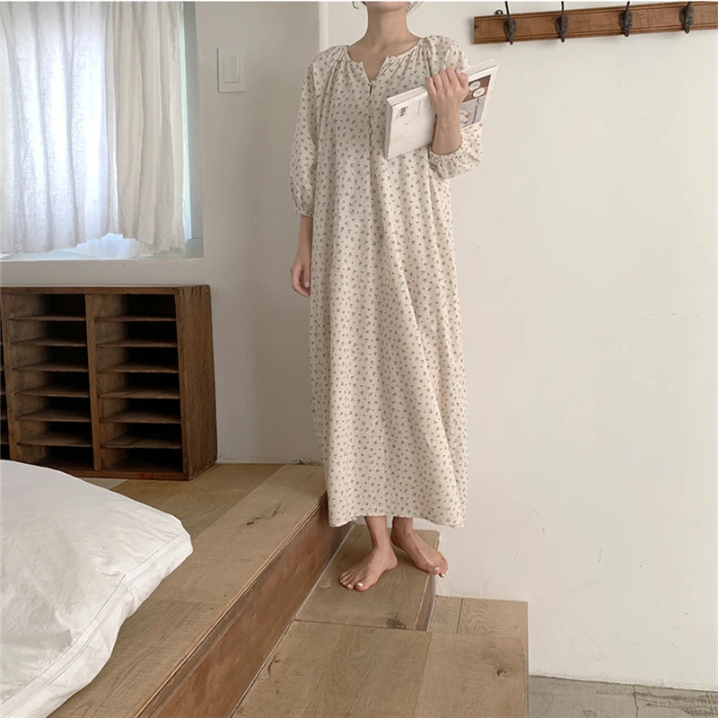 

cute floral print cardigan dress homewear women nightgown lantern sleeve night dresses ladies spring sleepdress new 2022 L988