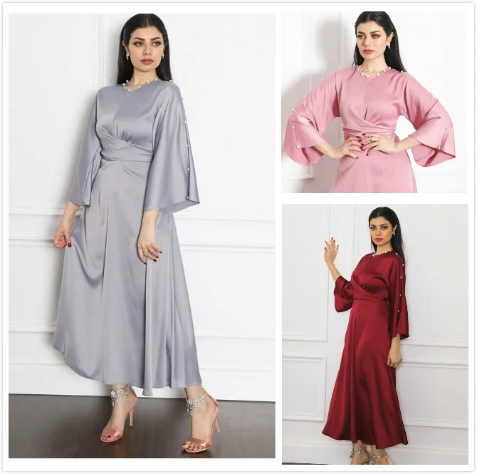 

Middle East Dubai Satin Lotus Sleeve Abaya Muslim Maxi Dress Beaded Elegant Front Self-Tie Women Islamic Clothing Robe Kaftan